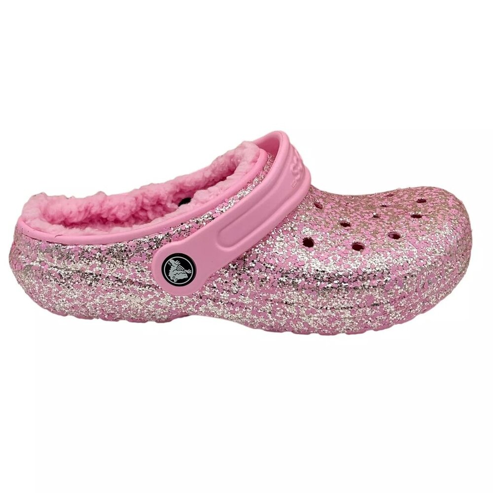Crocs Youth Girls Slip-on Lined Clogs Sz 3 (J3) Pink Glitter Faux Fur Fuzzy Warm - Picture 3 of 14